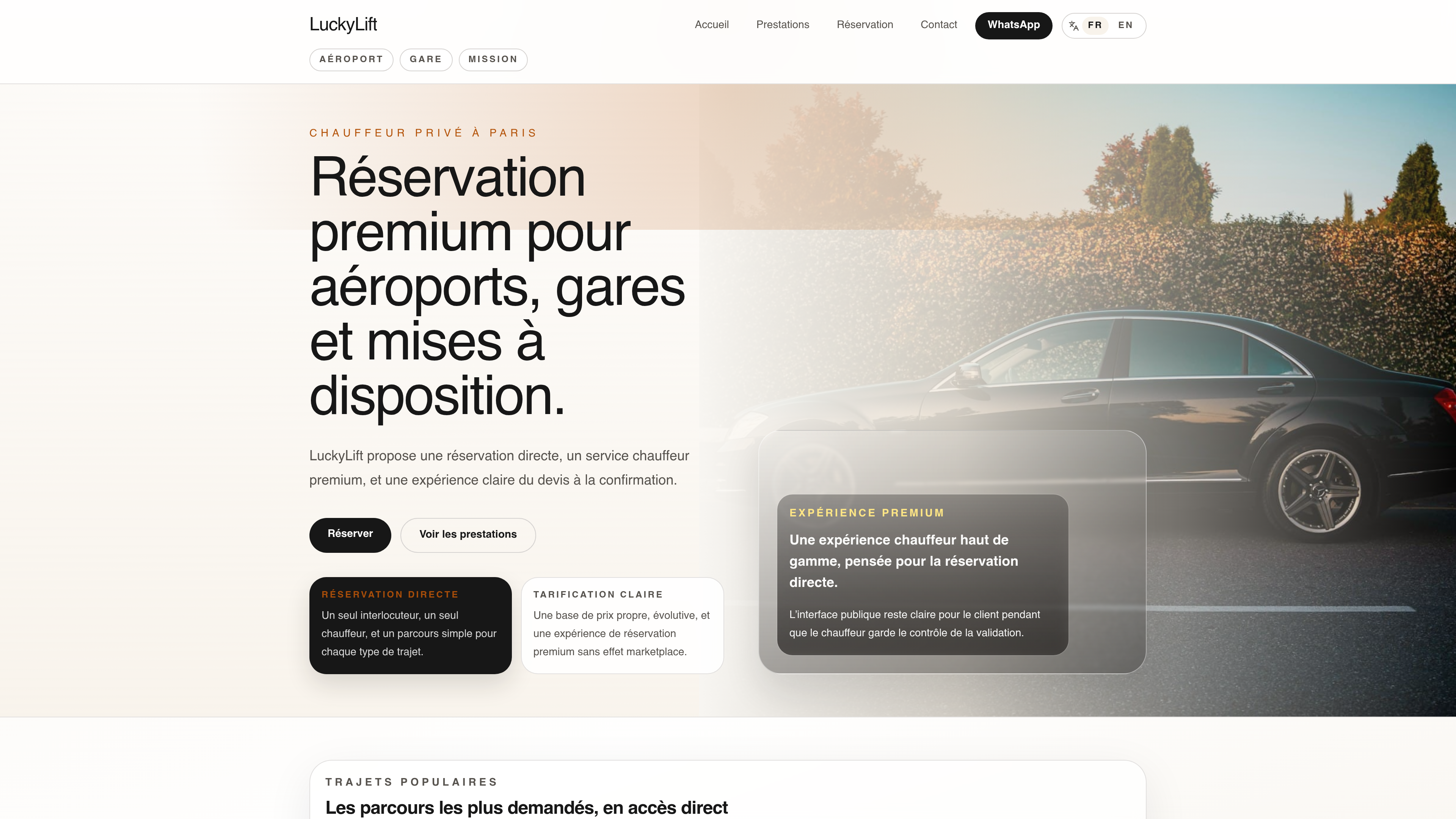 Booking platform for a private driver service desktop screenshot
